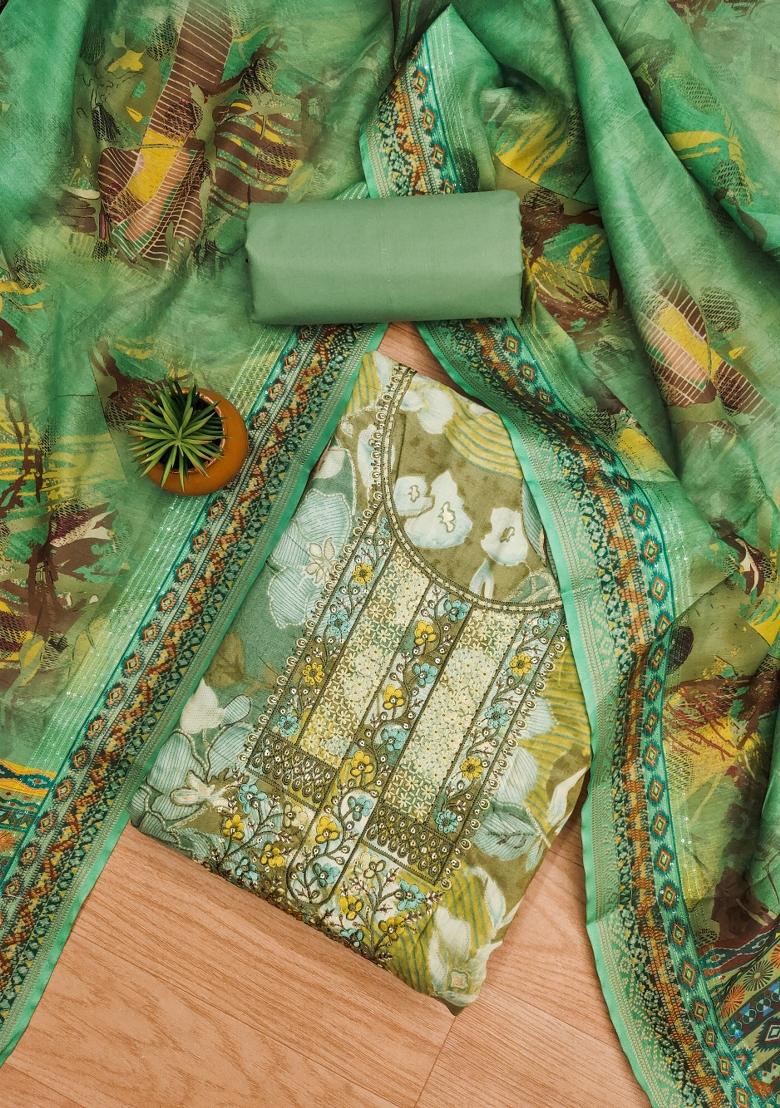 Multicolor Embroidered Cotton Blend Dress Material