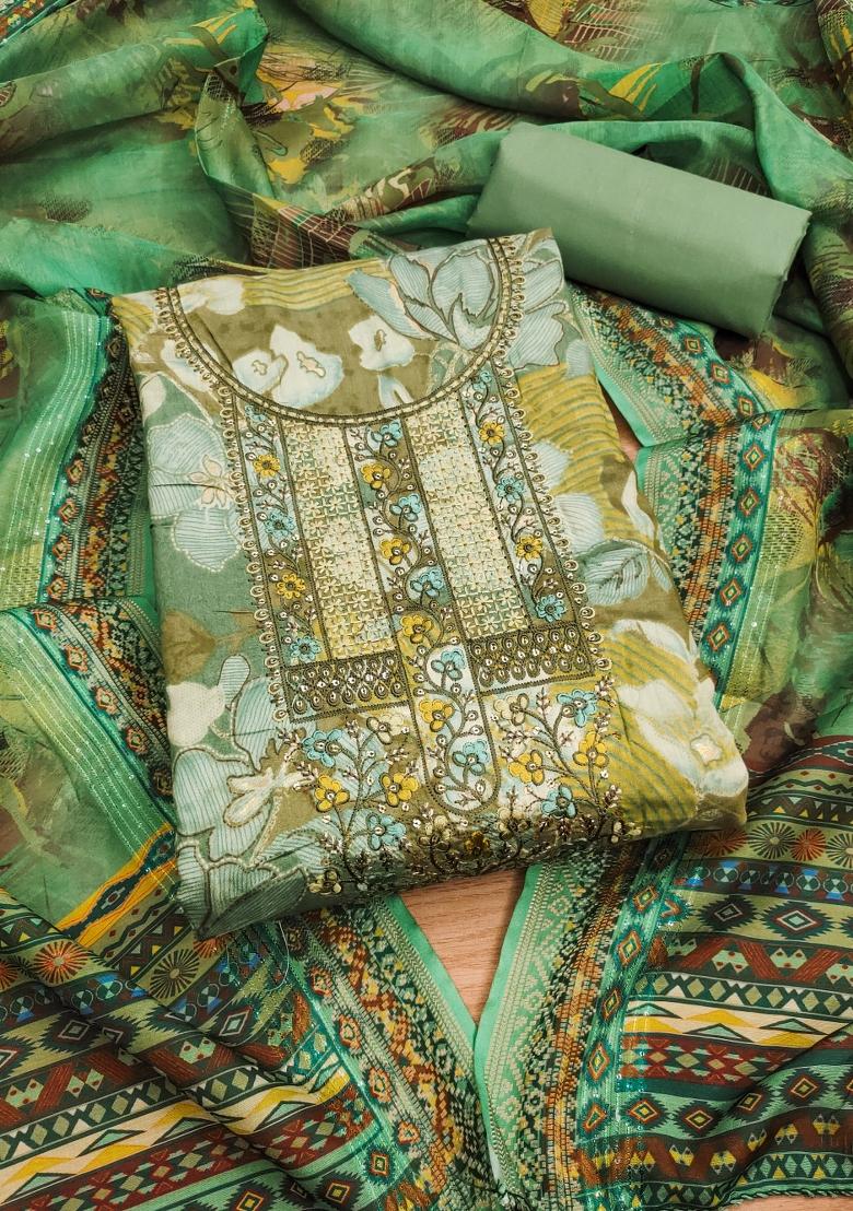 Multicolor Embroidered Cotton Blend Dress Material