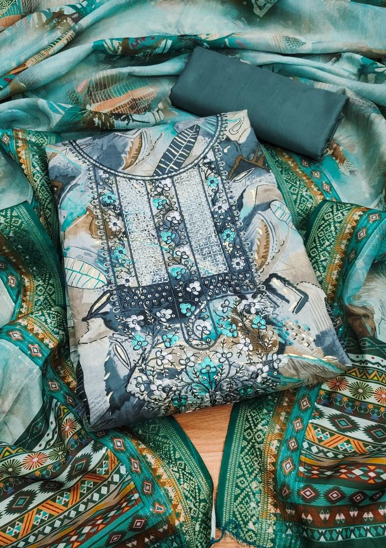 Multicolor Embroidered Cotton Blend Dress Material