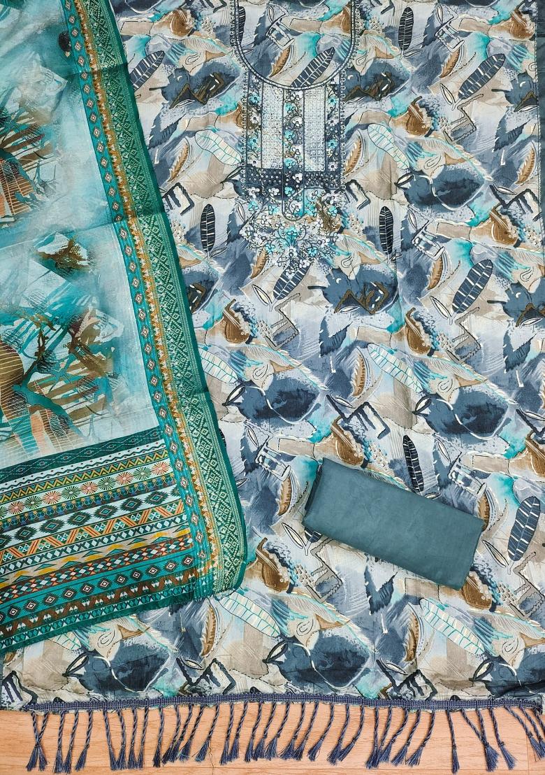 Multicolor Embroidered Cotton Blend Dress Material