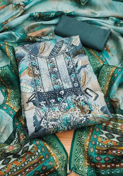 Multicolor Embroidered Cotton Blend Dress Material