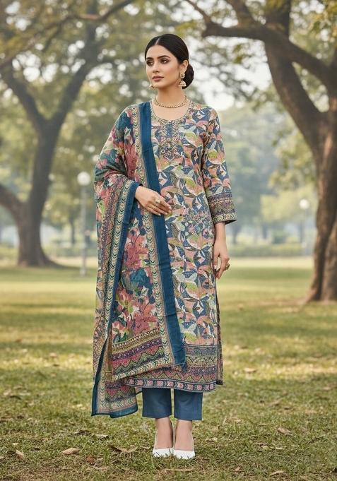 Multicolor Embroidered Cotton Blend Dress Material