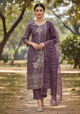 Lavender Embroidered Silk Dress Material