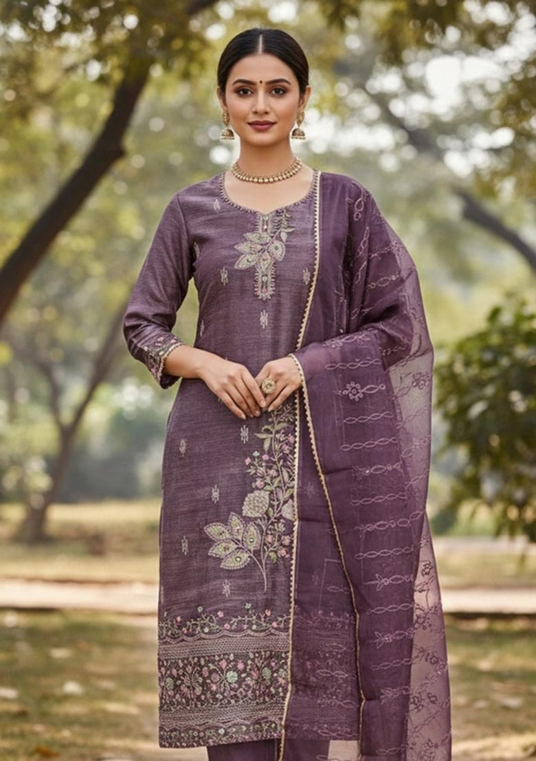 Lavender Embroidered Silk Dress Material - Indya