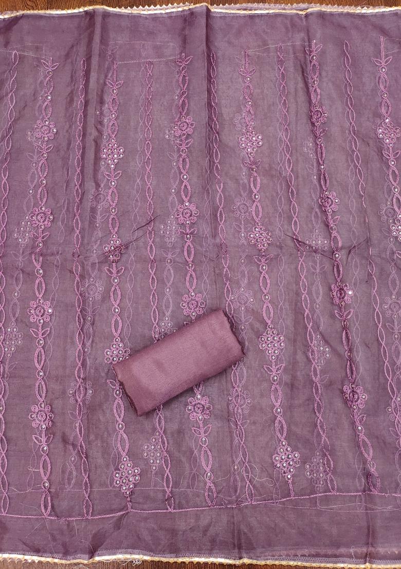 Lavender Embroidered Silk Dress Material - Indya