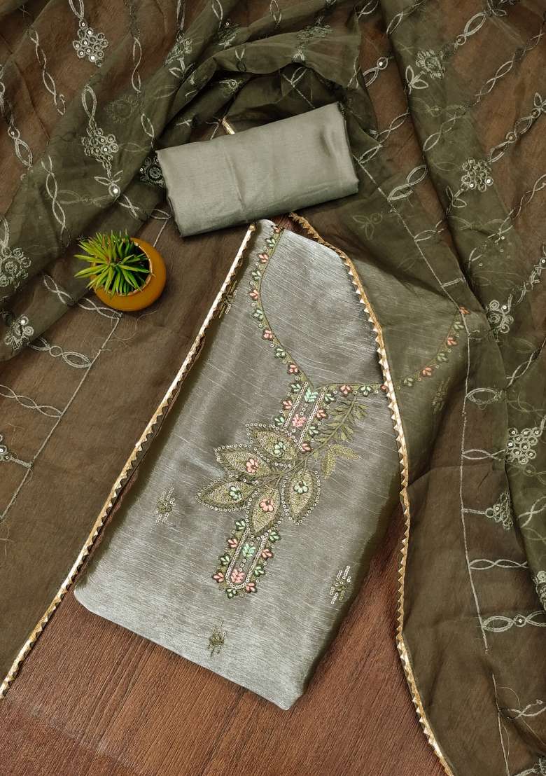 Olive Green Embroidered Silk Blend Dress Material - Indya