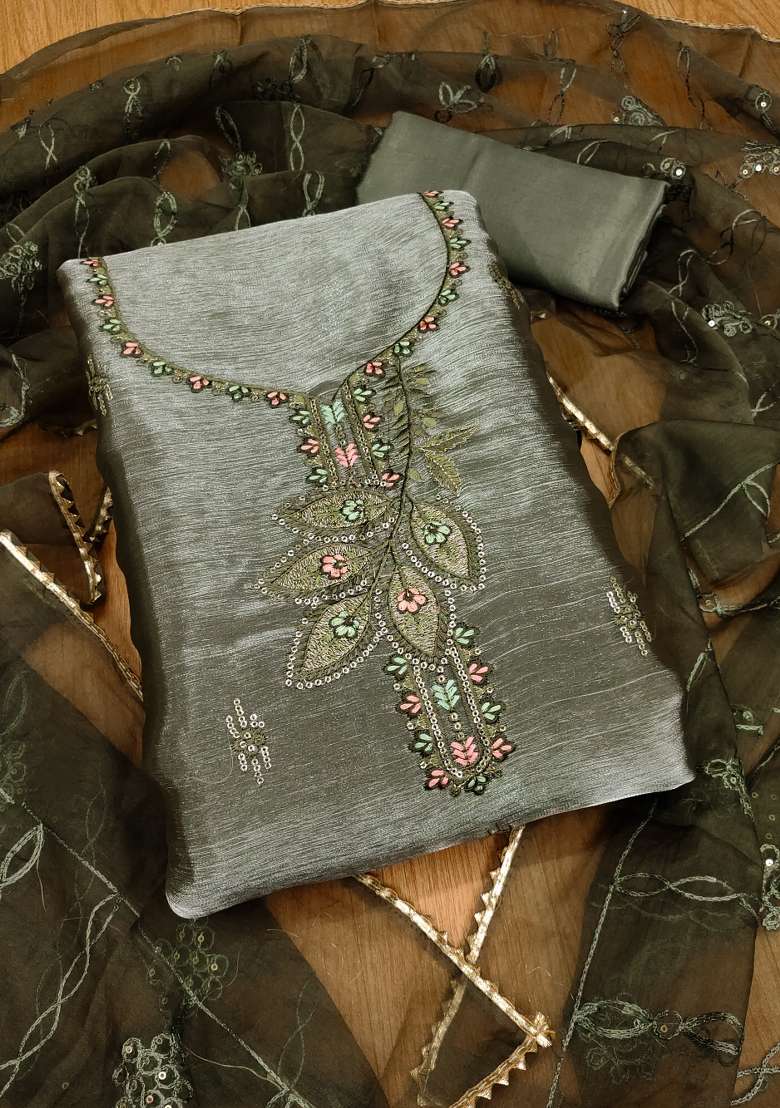 Olive Green Embroidered Silk Blend Dress Material - Indya