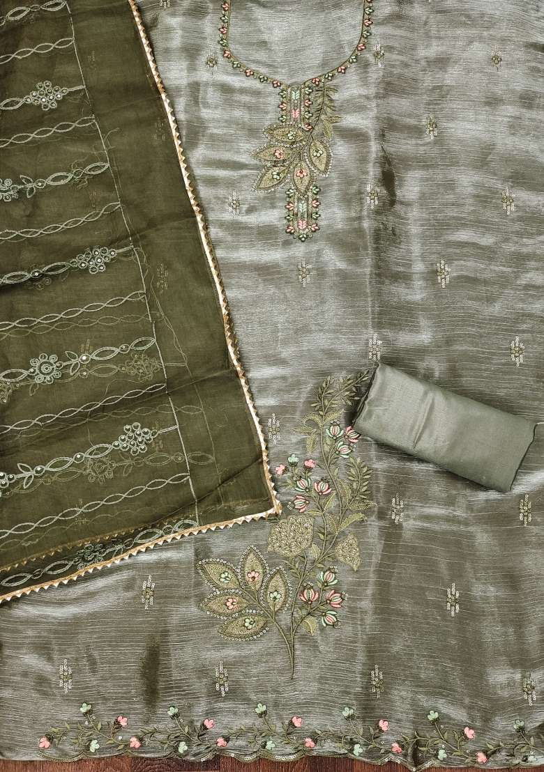 Olive Green Embroidered Silk Blend Dress Material - Indya