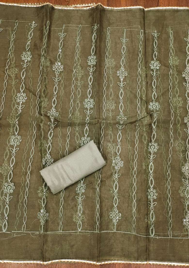 Olive Green Embroidered Silk Blend Dress Material - Indya
