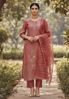 Rust Embroidered Silk Dress Material