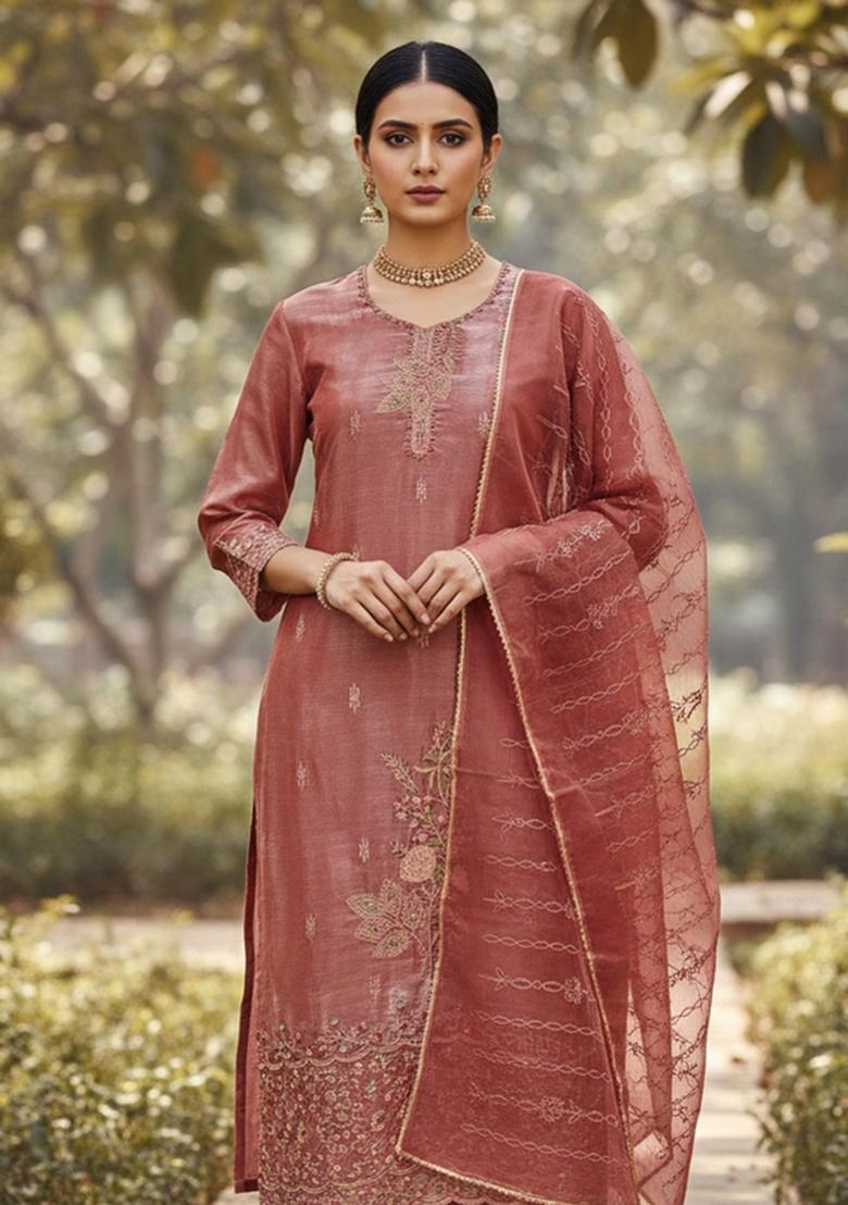 Rust Embroidered Silk Dress Material - Indya