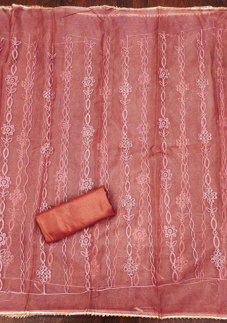 Rust Embroidered Silk Dress Material - Indya