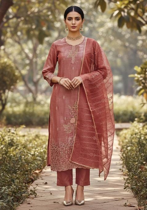 Rust Embroidered Silk Dress Material