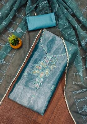 Teal Blue Embroidered Silk Dress Material