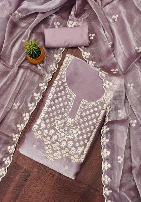 Lavender Embroidered Silk Dress Material