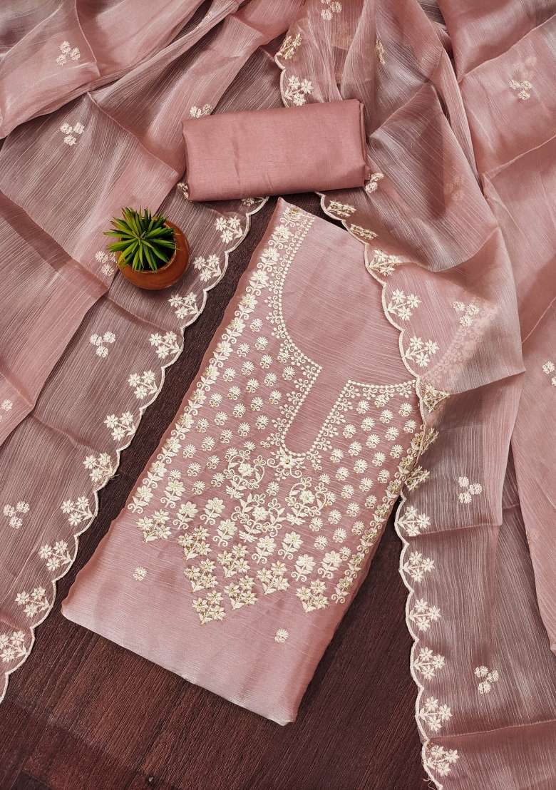 Pink Embroidered Silk Dress Material - Indya