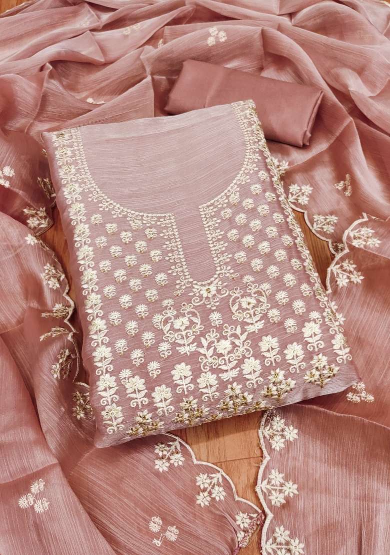 Pink Embroidered Silk Dress Material - Indya