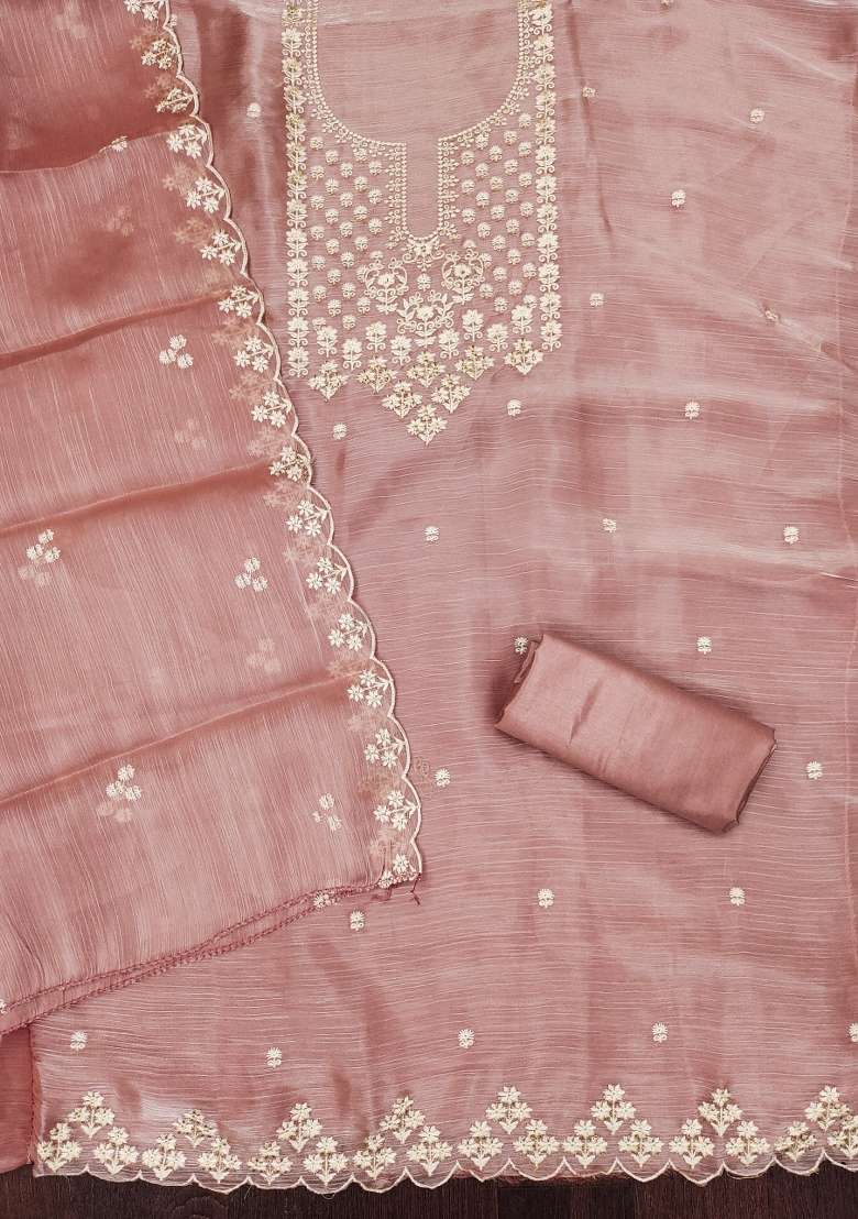 Pink Embroidered Silk Dress Material - Indya