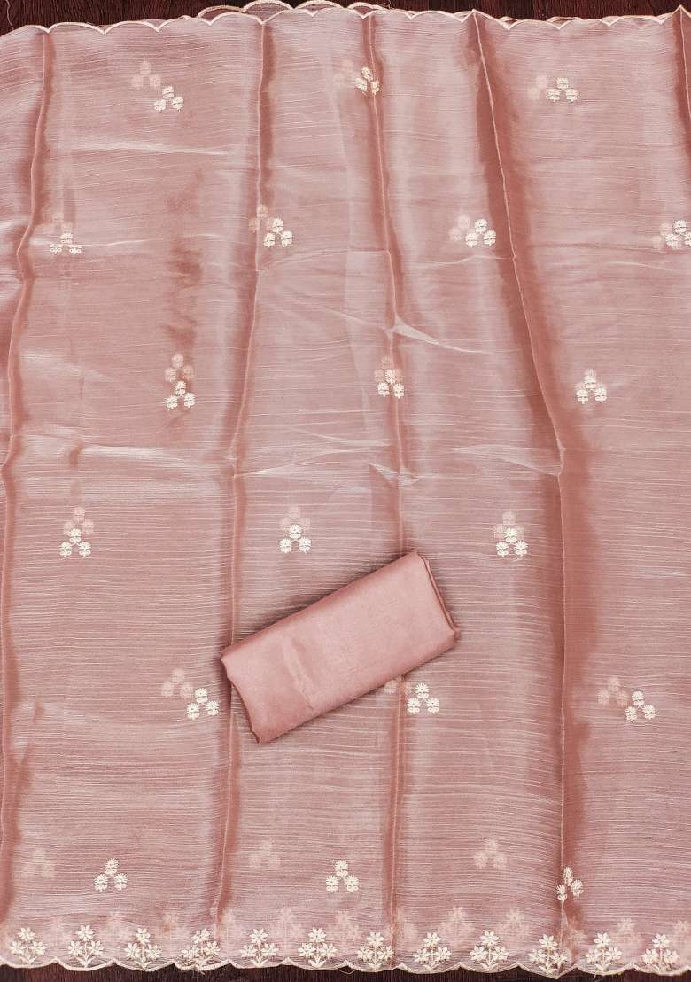 Pink Embroidered Silk Dress Material - Indya