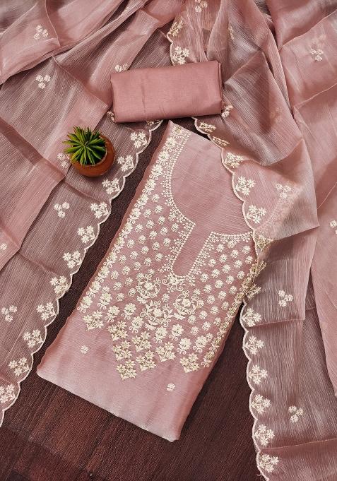 Pink Embroidered Silk Dress Material