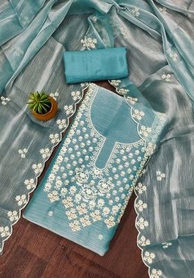 Sky Blue Embroidered Silk Dress Material