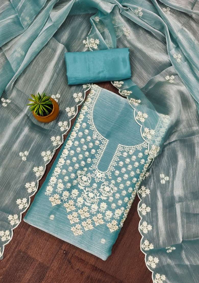Sky Blue Embroidered Silk Dress Material - Indya