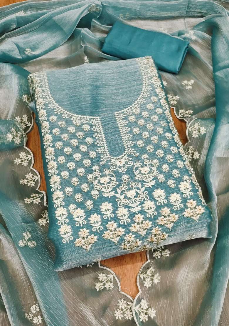 Sky Blue Embroidered Silk Dress Material - Indya