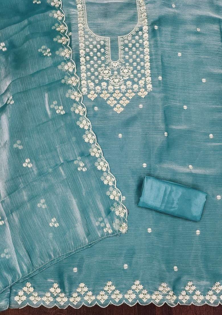 Sky Blue Embroidered Silk Dress Material - Indya