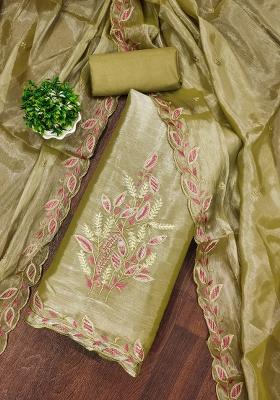 Olive Green Embroidered Silk Dress Material
