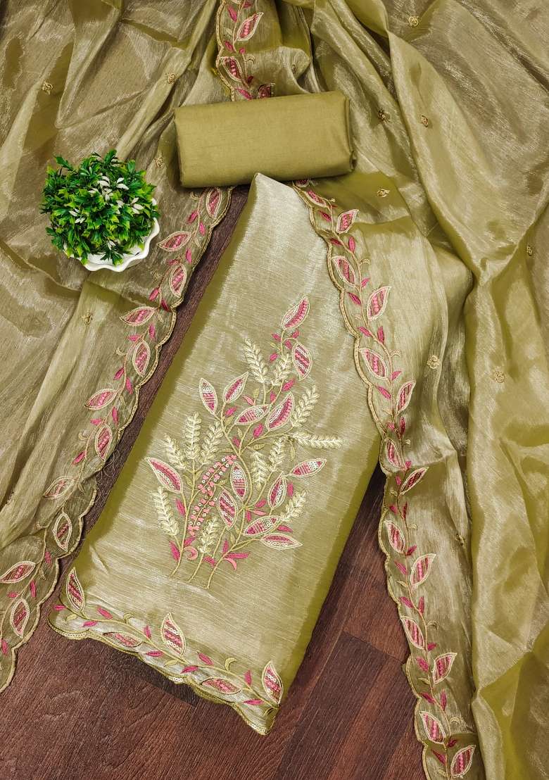 Olive Green Embroidered Silk Dress Material - Indya