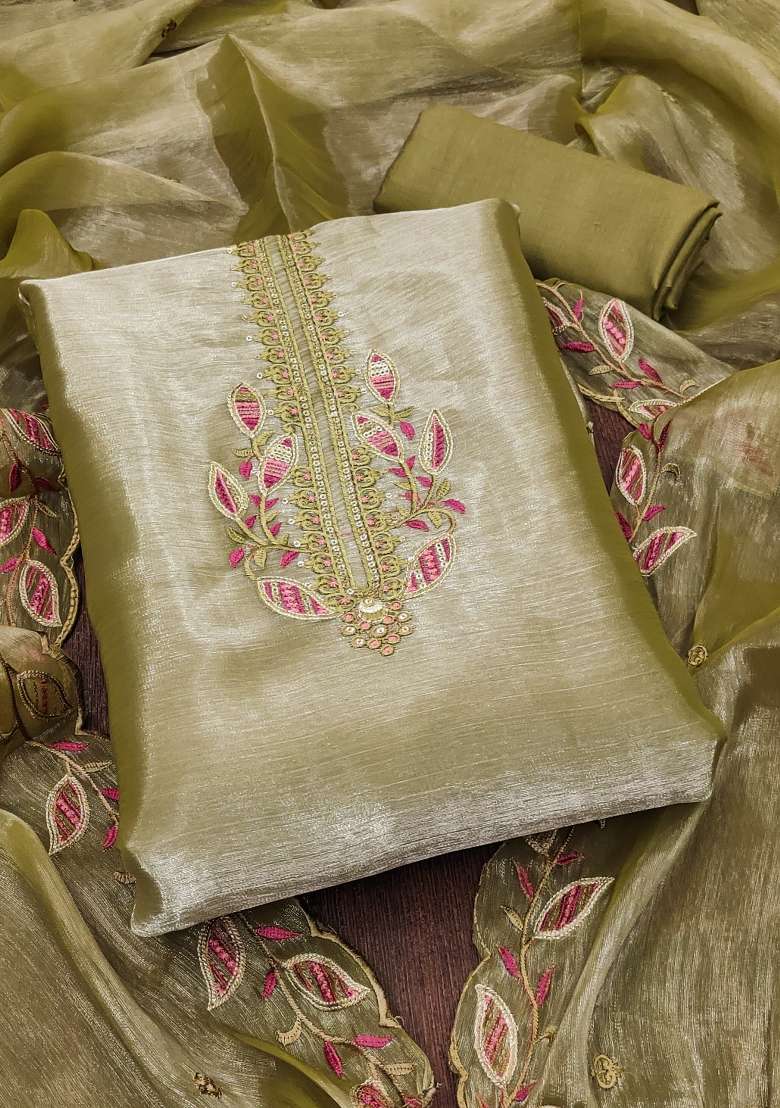 Olive Green Embroidered Silk Dress Material - Indya
