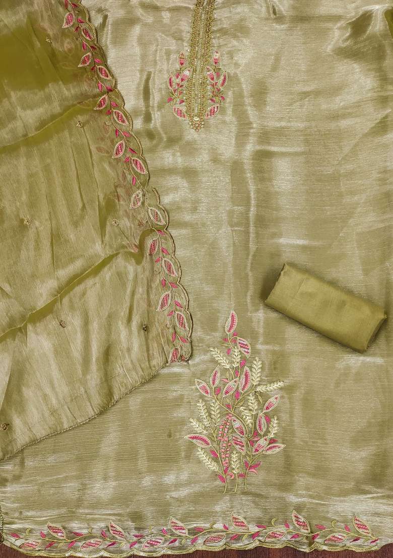 Olive Green Embroidered Silk Dress Material - Indya