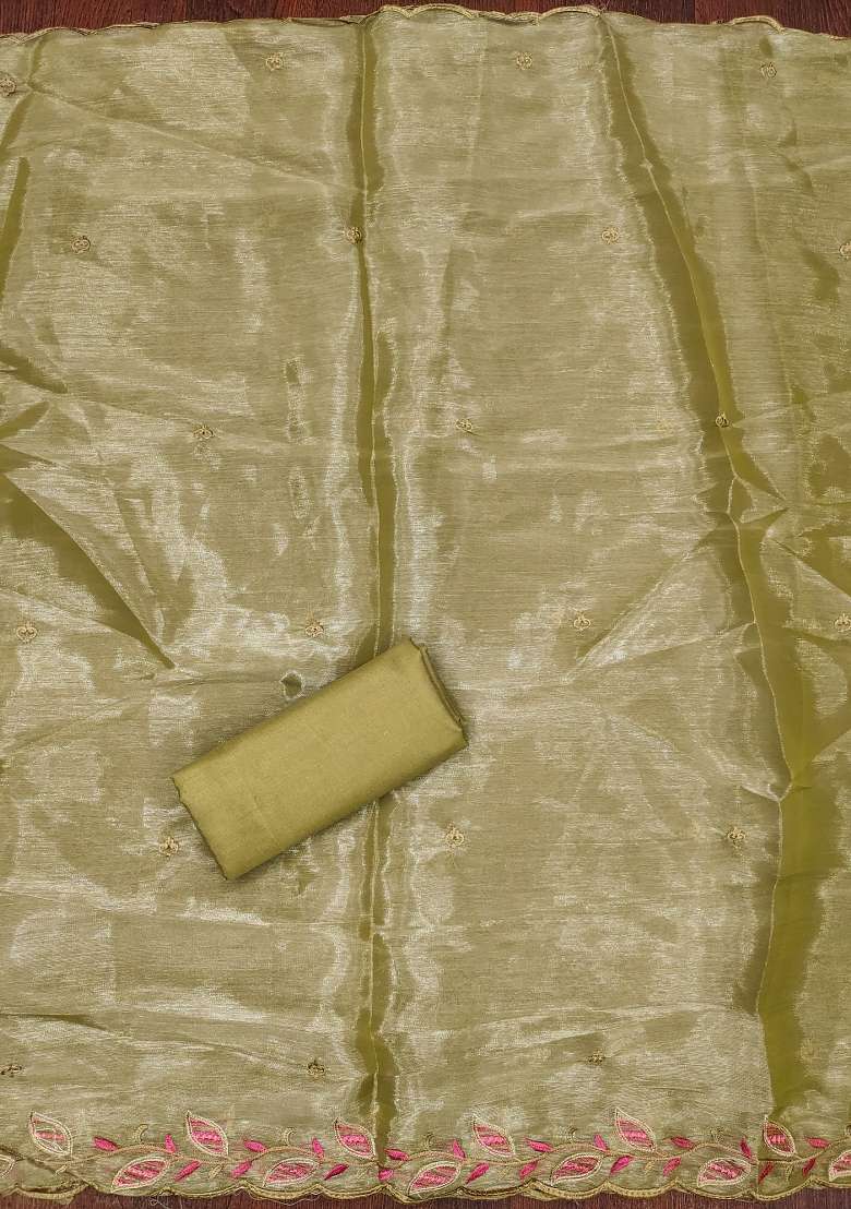 Olive Green Embroidered Silk Dress Material - Indya
