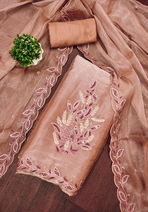 Rust Embroidered Silk Dress Material