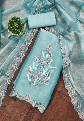 Sky Blue Embroidered Silk Dress Material