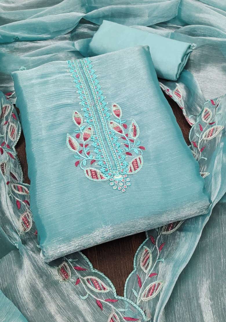 Sky Blue Embroidered Silk Blend Straight Kurta Set - Indya