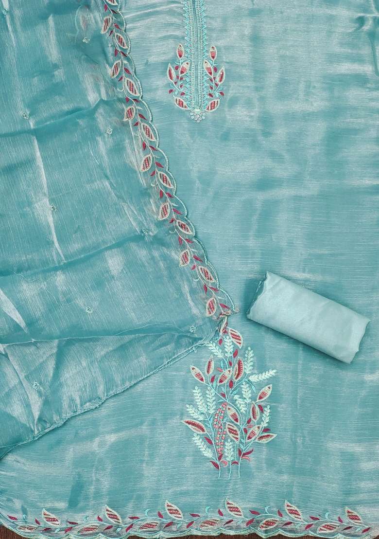 Sky Blue Embroidered Silk Blend Straight Kurta Set - Indya