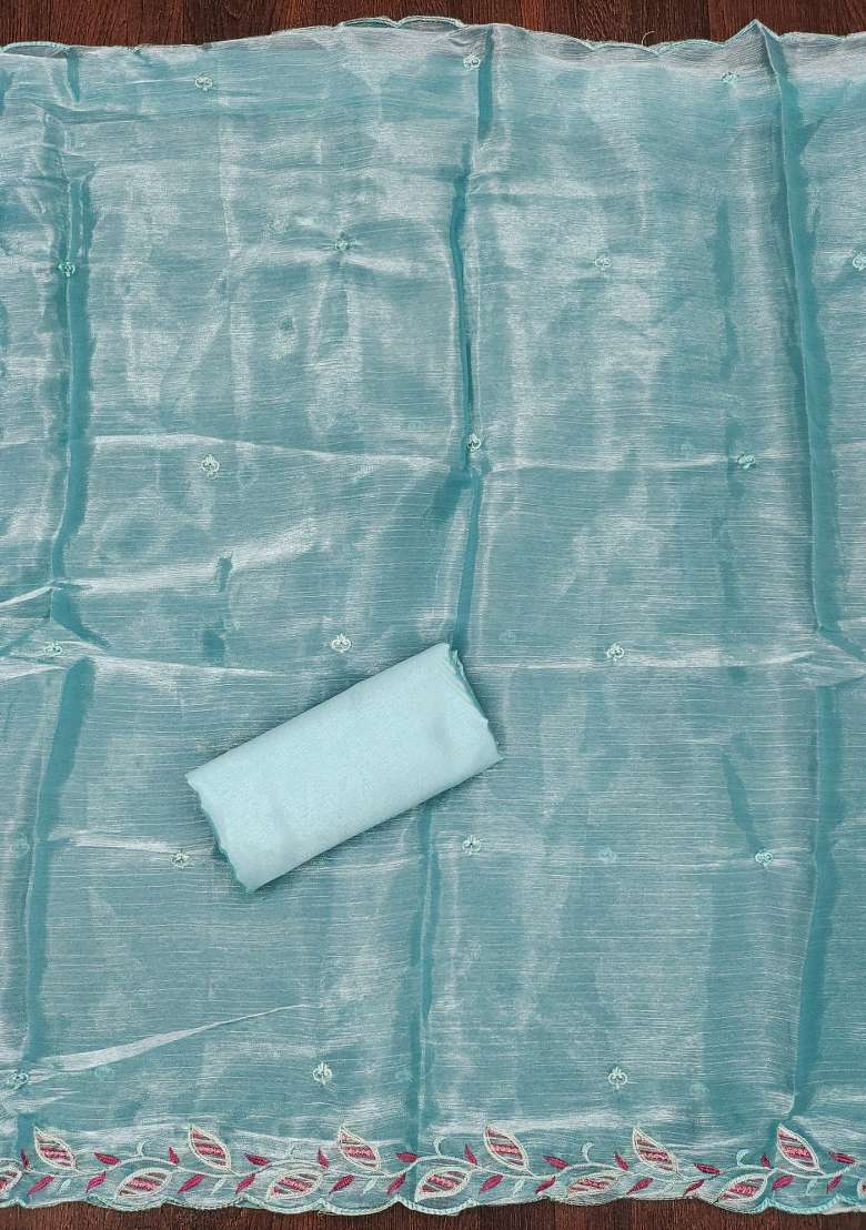 Sky Blue Embroidered Silk Blend Straight Kurta Set - Indya