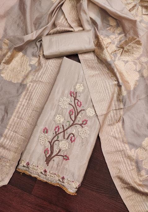 Grey Embroidered Chinon Dress Material