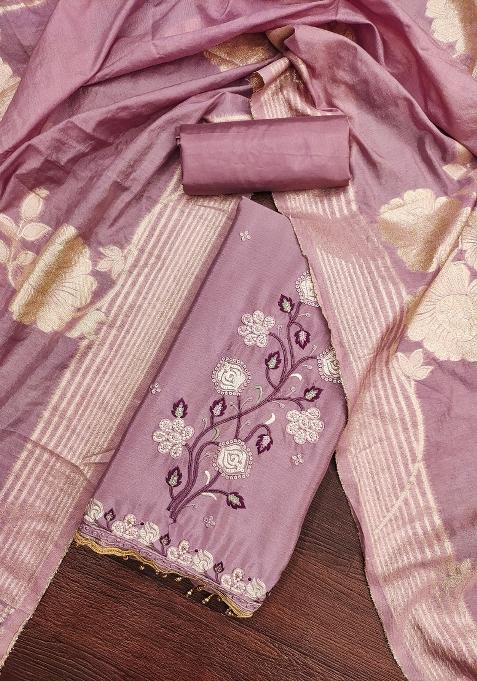 Lavender Embroidered Chinon Straight Kurta Set