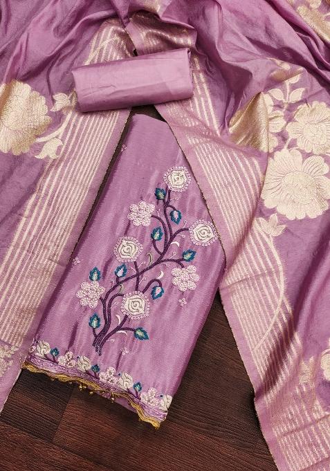Purple Embroidered Chinon Straight Kurta Set