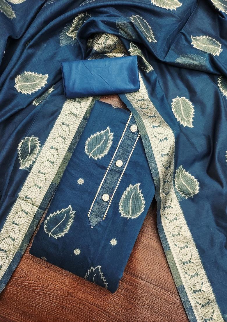 Blue Embroidered Jacquard Dress Material