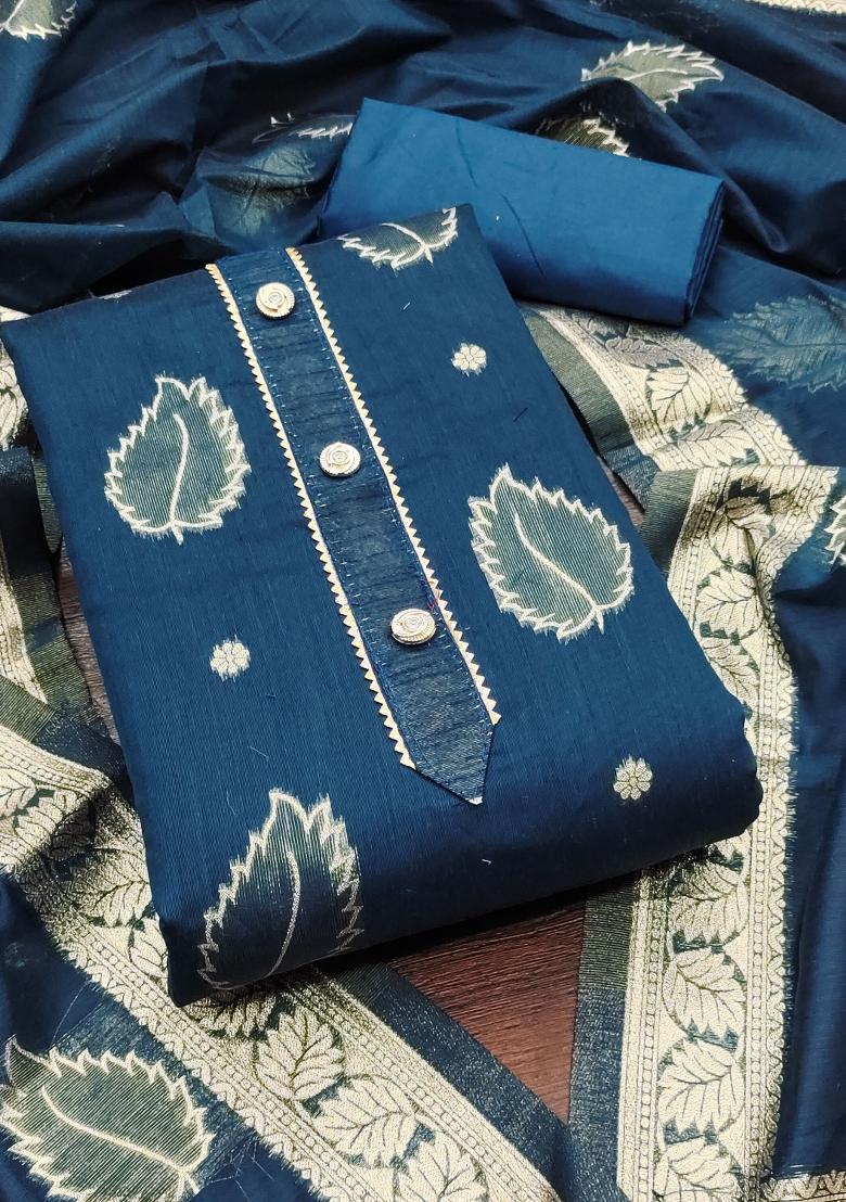 Blue Embroidered Jacquard Dress Material