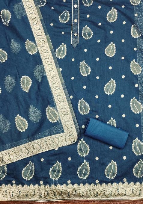 Blue Embroidered Jacquard Dress Material