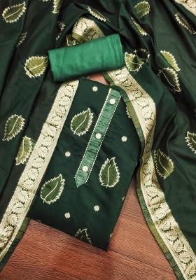 Green Embroidered Jacquard Dress Material