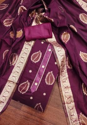 Magenta Embroidered Jacquard Dress Material