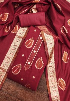 Maroon Embroidered Jacquard Dress Material