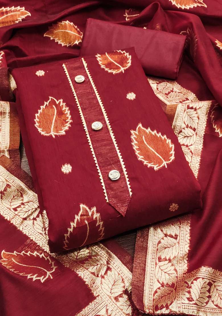 Maroon Printed Jacquard Straight Kurta Set - Indya