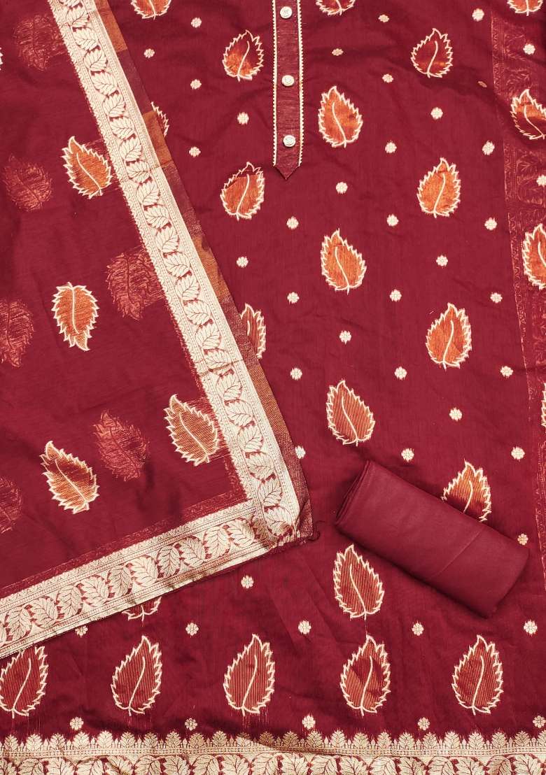 Maroon Printed Jacquard Straight Kurta Set - Indya