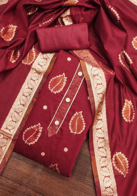 Maroon Embroidered Jacquard Dress Material